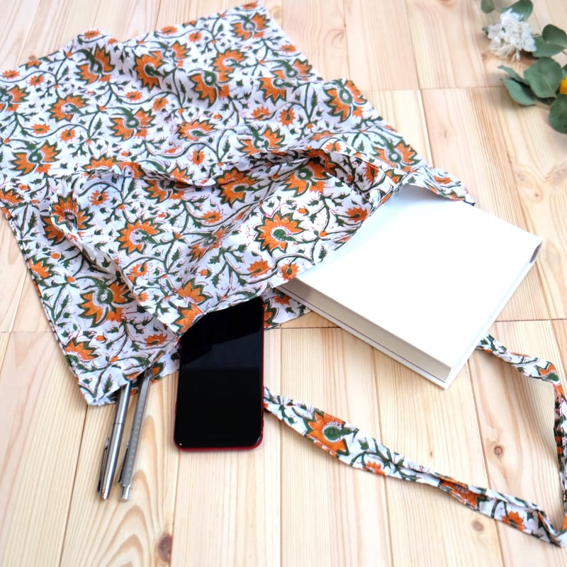 エコバッグ インド綿 ブロックプリント オレンジプラント | インド雑貨