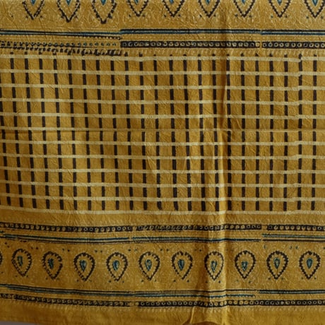 マルチクロス　約145×224cm　インド綿　ブロックプリント　アジュラック　イエロー×鳥