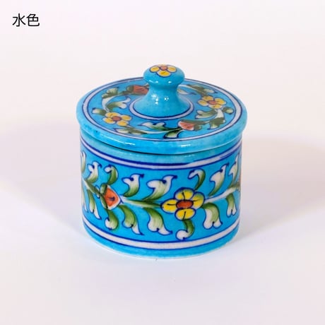 陶器小物入れ　蓋付き　インド　ブルーポタリー　小サイズ　青/水色/赤/緑/黄色