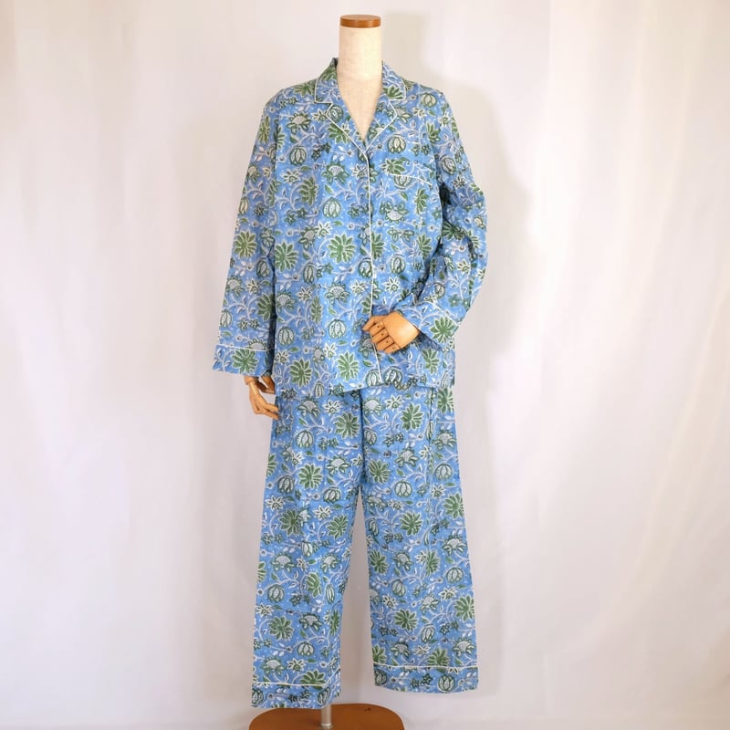 インド綿 ブロックプリント パジャマ コバルトブルー S/M/L インド綿 ブロックプリント パジャマ コバルトブルー S/M/L