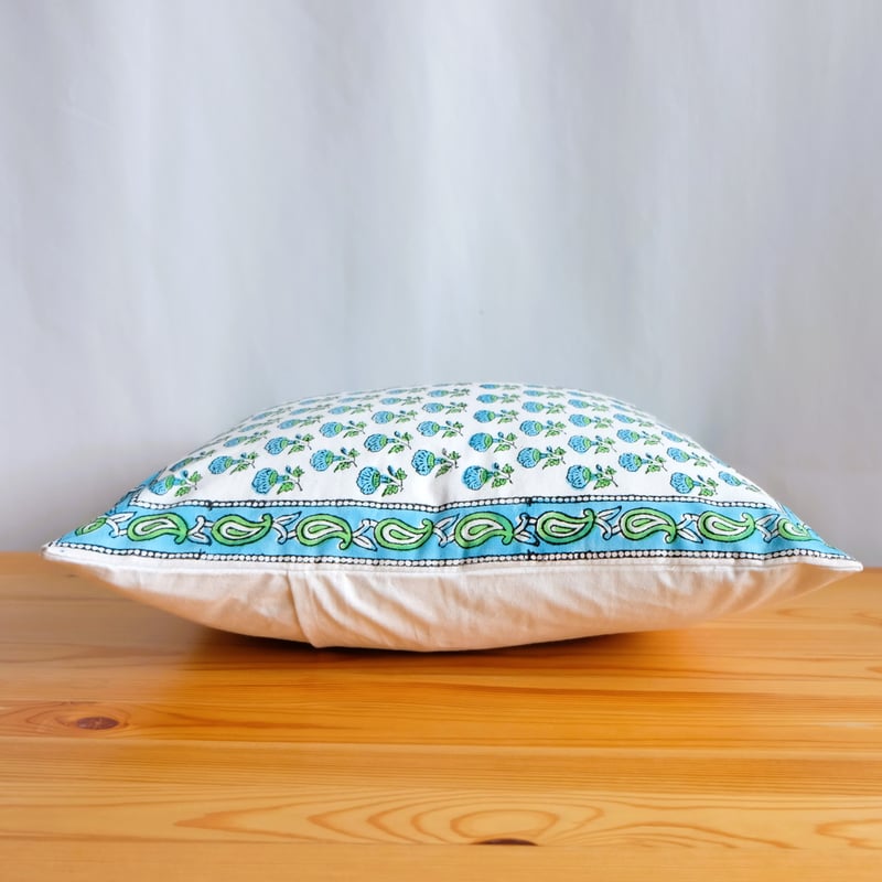 クッションカバー インド綿 ブロックプリント ライトブループラント