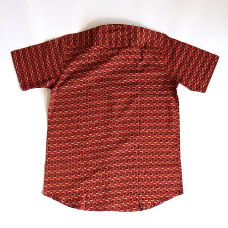 ショートスリーブシャツ　ブロックプリント　Medium/Large　レッド×小花