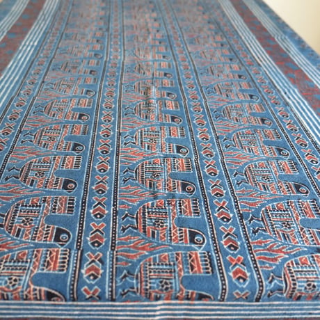 マルチクロス　約145×224cm　インド綿　ブロックプリント　アジュラック　インディゴ×鳥