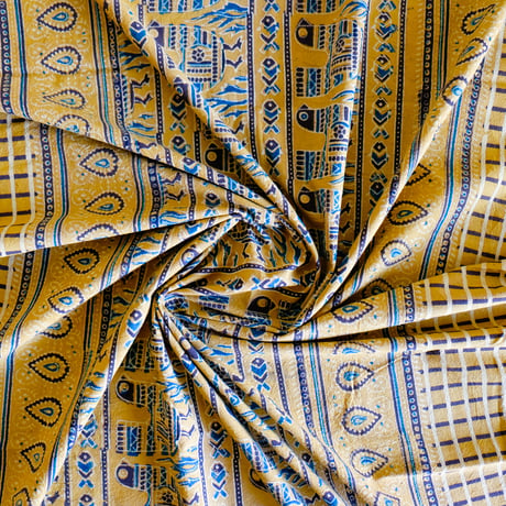 マルチクロス　約145×224cm　インド綿　ブロックプリント　アジュラック　イエロー×鳥
