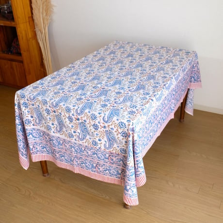マルチクロス　約152×228㎝　インド綿　ブロックプリント　ブルーペイズリー
