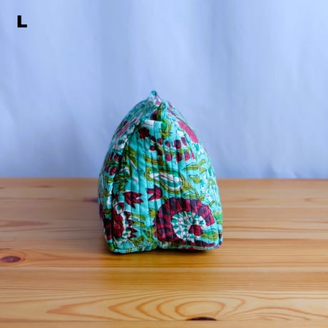 ポーチ　インド綿　ブロックプリント　ライトグリーン