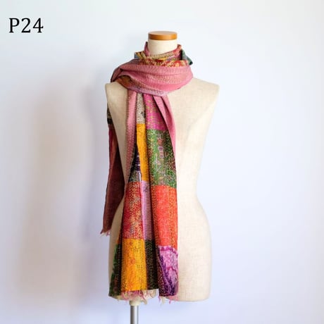 シルクカンタ　ストール　パッチワーク　約50×200cm　インド刺し子布　P21～P30