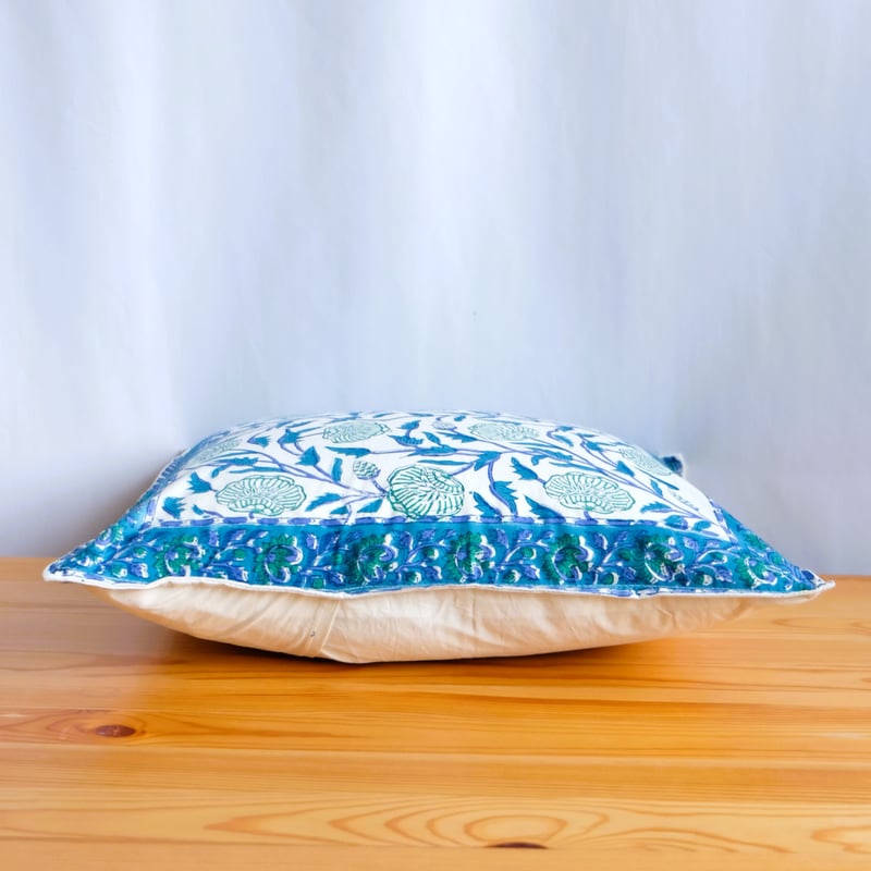 クッションカバー インド綿 ブロックプリント グリーンプラント