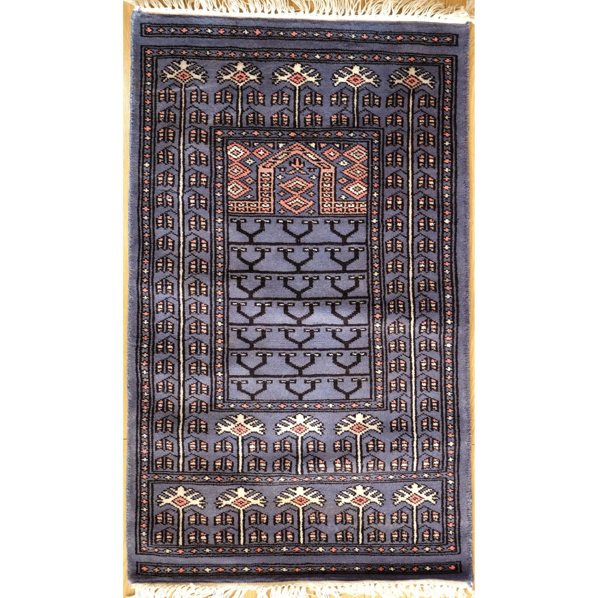 インド 手織り絨毯 ウール ＜約60 x 99 ㎝＞ 青・トライバル | インド