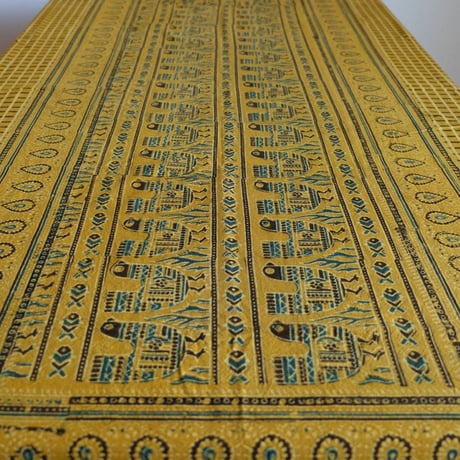 マルチクロス　約145×224cm　インド綿　ブロックプリント　アジュラック　イエロー×鳥