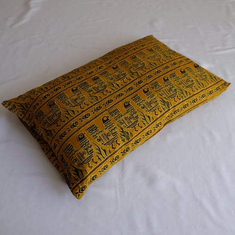 枕カバー　約43×63cm　インド綿　ブロックプリント　アジュラック　イエロー×鳥
