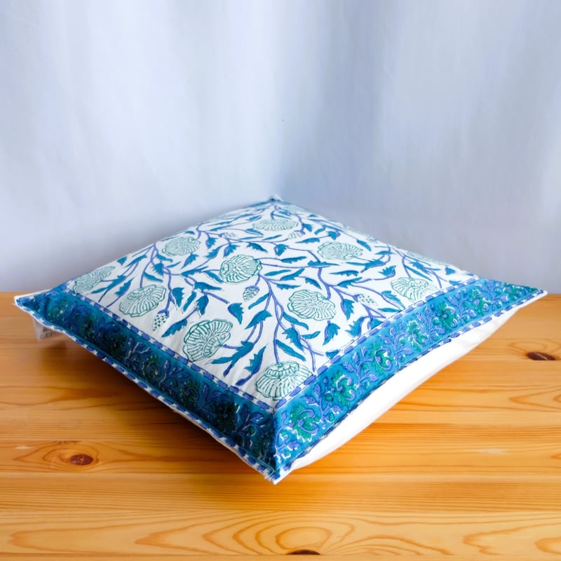 クッションカバー インド綿 ブロックプリント グリーンプラント