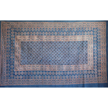 マルチクロス　約145×224cm　インド綿　ブロックプリント　アジュラック　インディゴ×小花