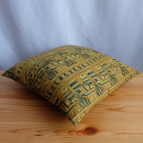 クッションカバー　約40×40cm　インド綿　ブロックプリント　アジュラック　イエロー×鳥