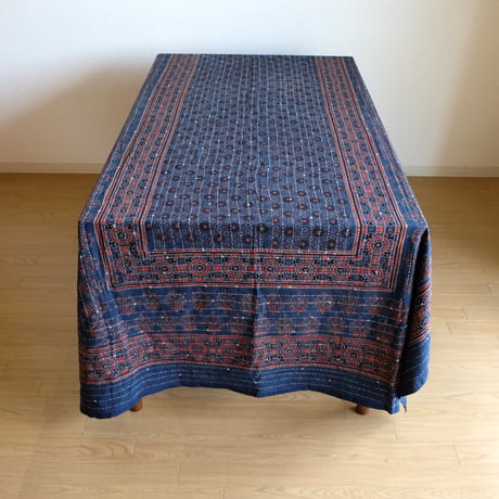 マルチクロス　刺し子　約145×235cm　インド綿　ブロックプリント　アジュラック　インディゴ×小花