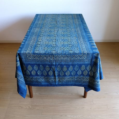 マルチクロス　約145×224cm　インド綿　ブロックプリント　アジュラック　ターコイズ×格子