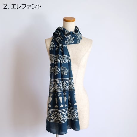 インド綿　ストール　ブロックプリント　約50×200cm　ビリジアン