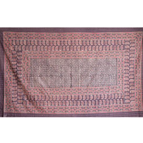 マルチクロス　刺し子　約145×235cm　インド綿　ブロックプリント　アジュラック　ブラウン×紋章