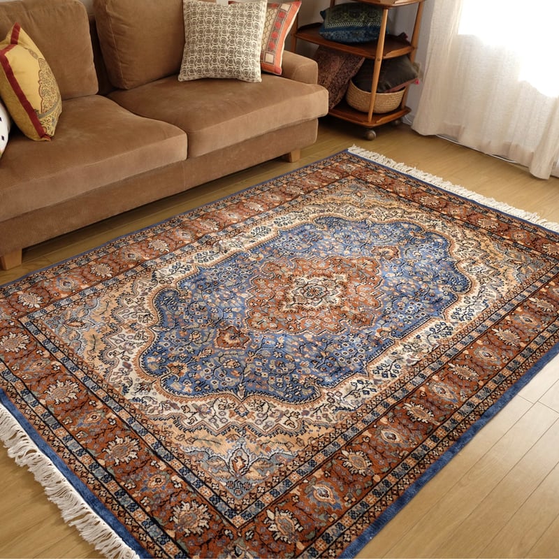 インド 手織り絨毯 ウール ＜約151 x 221 ㎝＞ 青・メダリオン