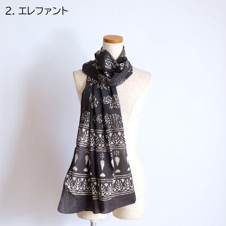 インド綿　ストール　ブロックプリント　約50×200cm　ダークグレー