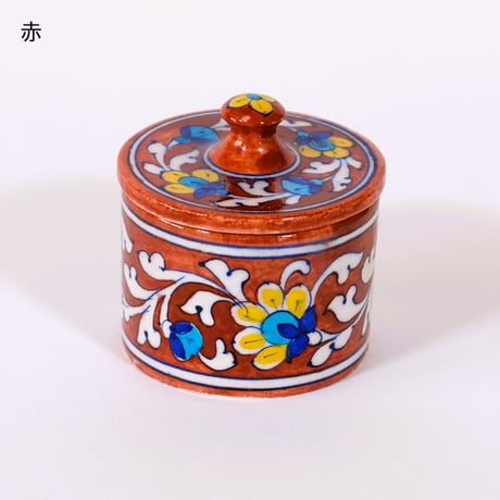 陶器小物入れ　蓋付き　インド　ブルーポタリー　小サイズ　青/水色/赤/緑/黄色
