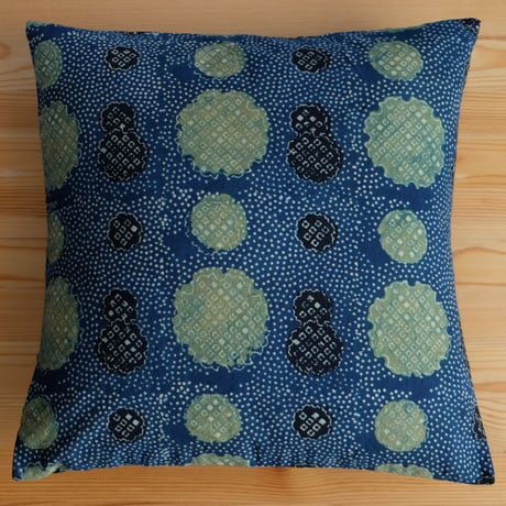 クッションカバー　約40×40cm　インド綿　ブロックプリント　アジュラック　ターコイズ×水玉