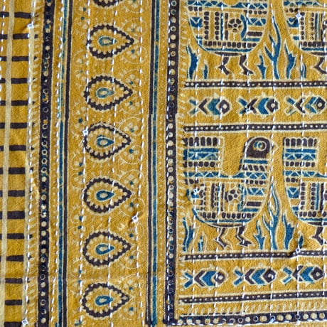 マルチクロス　刺し子　約145×235cm　インド綿　ブロックプリント　アジュラック　イエロー×鳥