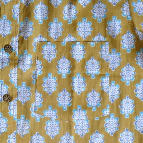ショートスリーブシャツ　ブロックプリント　Medium/Large　オリーブ×小花