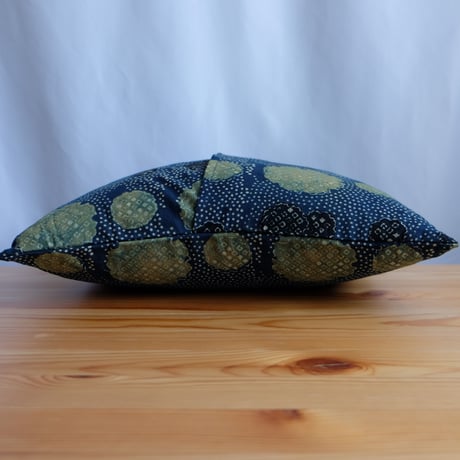 クッションカバー　約40×40cm　インド綿　ブロックプリント　アジュラック　ターコイズ×水玉