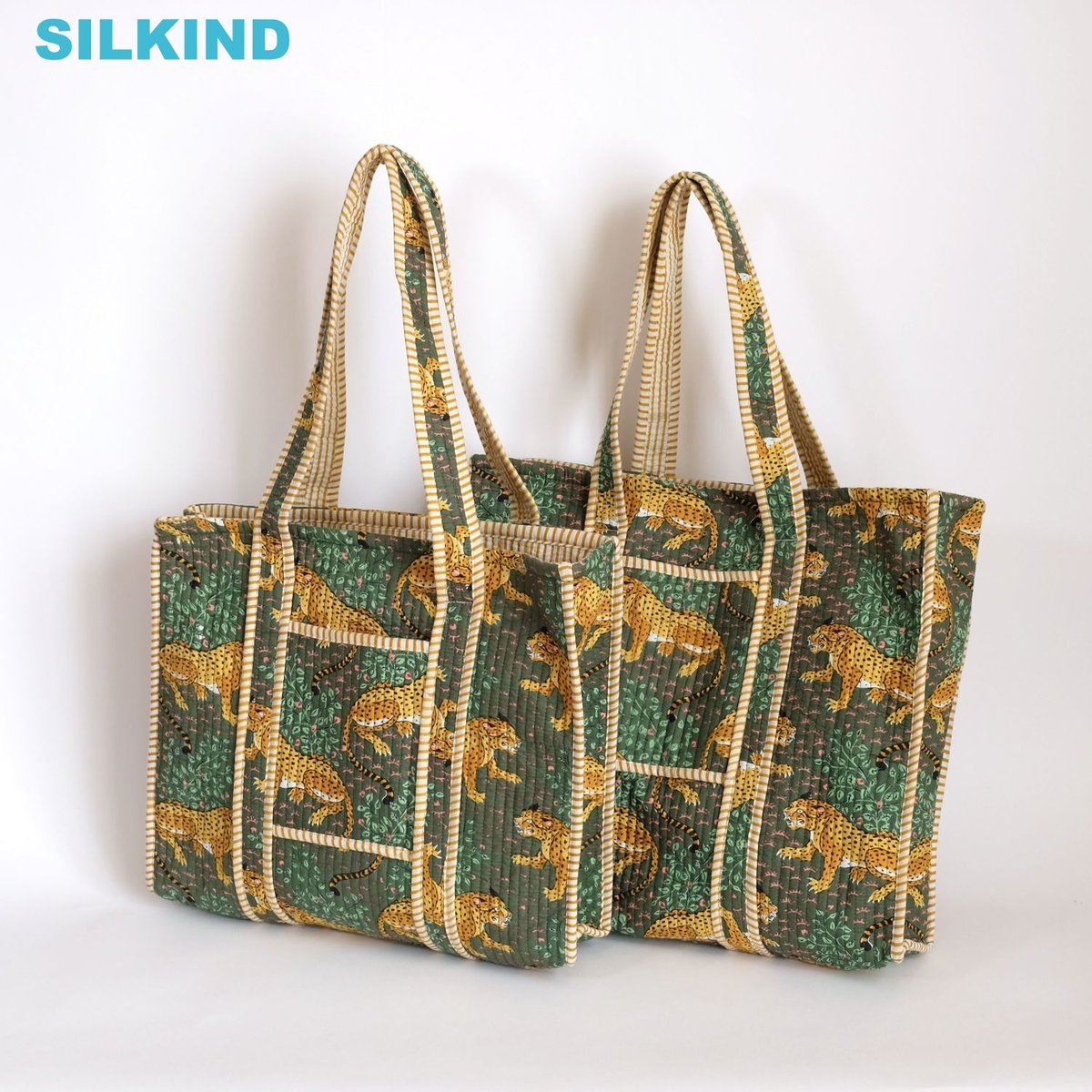 トートバッグ インド綿 ブロックプリント グリーンレオパルド | インド