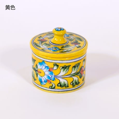 陶器小物入れ　蓋付き　インド　ブルーポタリー　小サイズ　青/水色/赤/緑/黄色