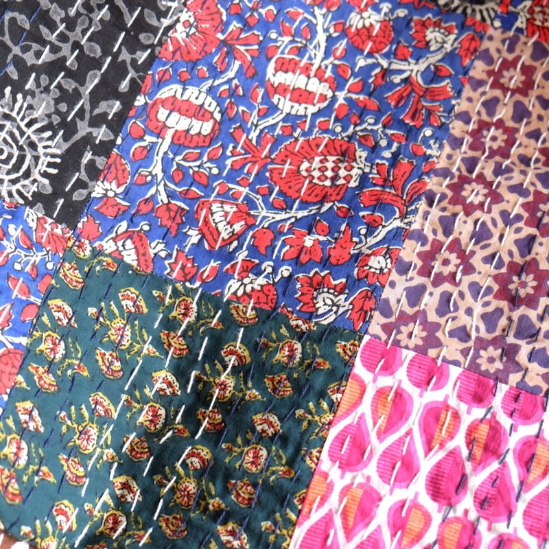 インド綿 グドリ パッチワーク 刺し子刺繍 ブロックプリント マルチ