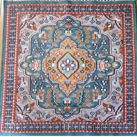 インド　手織り絨毯　シルク　＜約61 x 61 ㎝＞　緑・メダリオン
