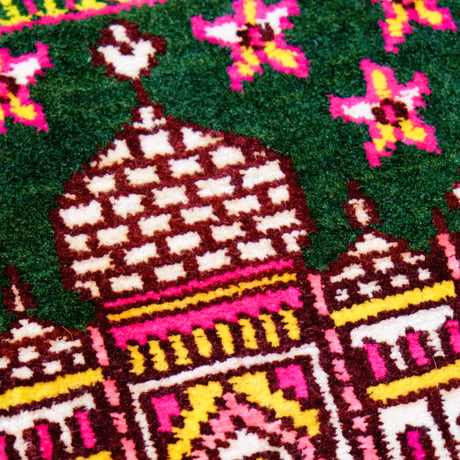 インド　手織り絨毯　シルク　＜約30 x 30 ㎝＞　緑・タージマハル