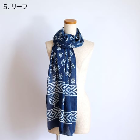 インド綿　ストール　ブロックプリント　約50×200cm　インディゴ