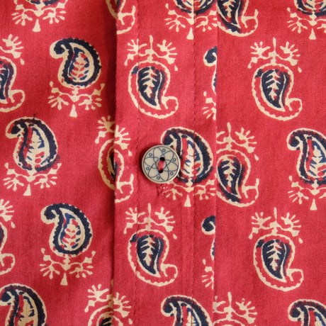 ショートスリーブシャツ　ブロックプリント　Medium/Large　レッド×ペイズリー