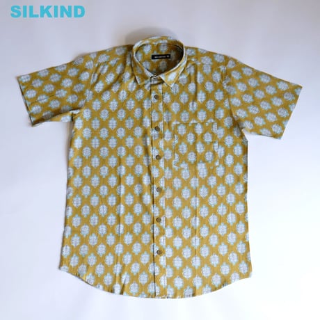 ショートスリーブシャツ　ブロックプリント　Medium/Large　オリーブ×小花