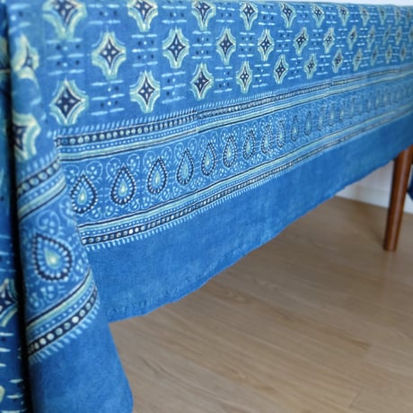 マルチクロス　約145×224cm　インド綿　ブロックプリント　アジュラック　ターコイズ×草木