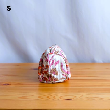 ポーチ　インド綿　ブロックプリント　ピンクプラント