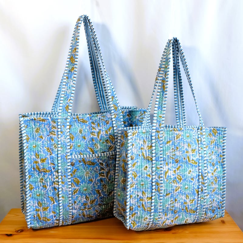 トートバッグ インド綿 ブロックプリント ライトブルー | インド雑貨の