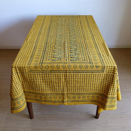 マルチクロス　約145×224cm　インド綿　ブロックプリント　アジュラック　イエロー×鳥