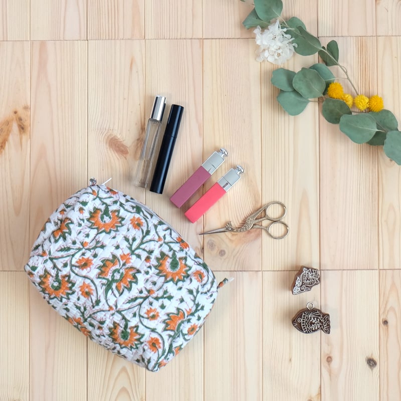 ポーチ インド綿 ブロックプリント オレンジプラント | インド雑貨のお