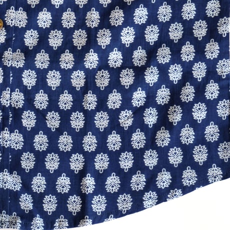 ショートスリーブシャツ　ブロックプリント　Medium/Large　インディゴ×小花