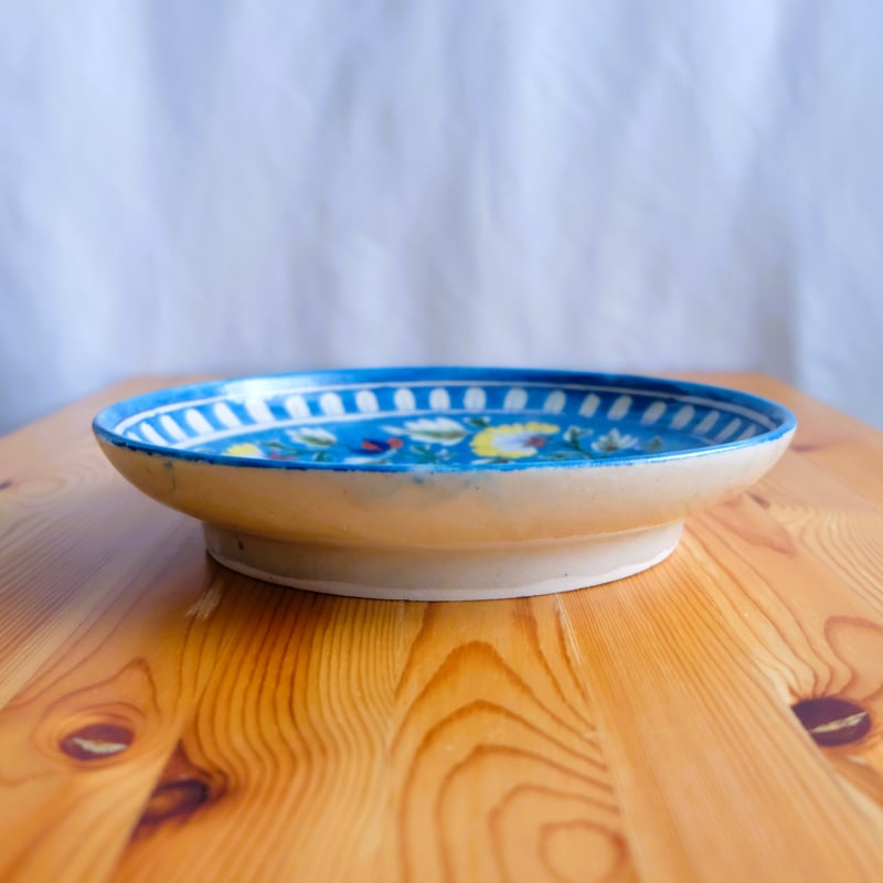 陶器飾り皿 インド ブルーポタリー 大サイズ 水色地に草木 | インド