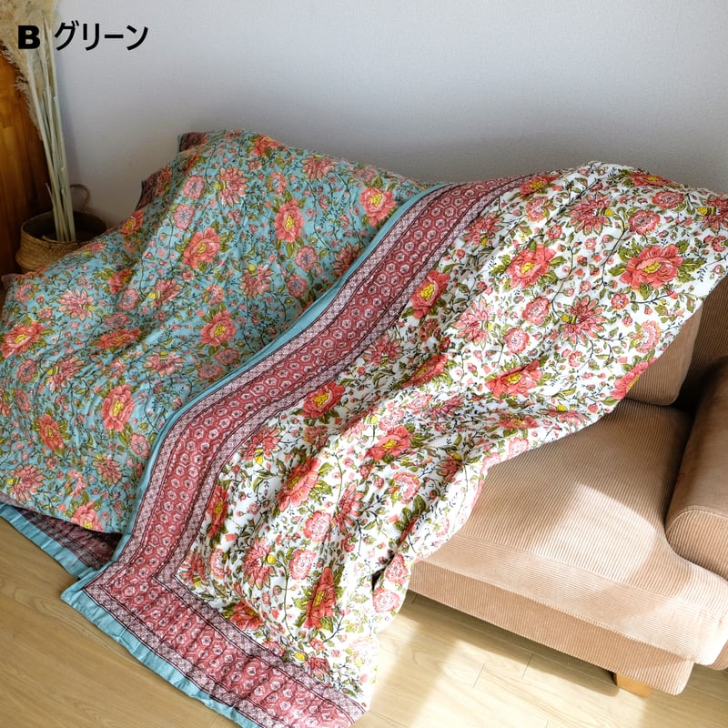 キルト ブランケット インド綿 ブロックプリント ダブルサイズ キルト ブランケット インド綿 ブロックプリント ダブルサイズ