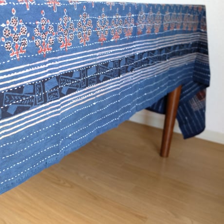 マルチクロス　刺し子　約145×235cm　インド綿　ブロックプリント　アジュラック　インディゴ×鳥