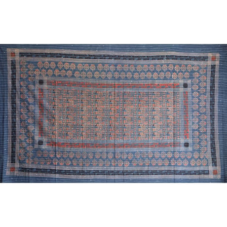 マルチクロス　刺し子　約145×235cm　インド綿　ブロックプリント　アジュラック　インディゴ×鳥