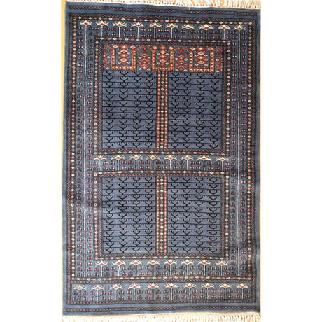 インド　手織り絨毯　ウール　＜約123 x 193 ㎝＞　青・トライバル