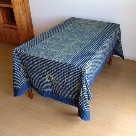 マルチクロス　刺し子　約145×235cm　インド綿　ブロックプリント　アジュラック　ターコイズ×紋章