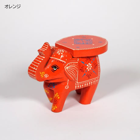 象の置物　木製　キャンドル立て　インド　グレー/オレンジ/ブラック